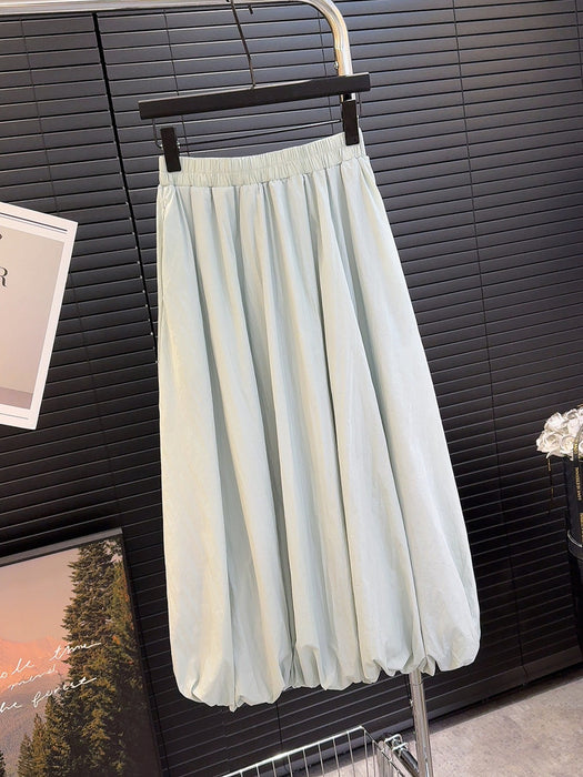 Solid Color Puffy Elastic Waist High Waist Skirt Women Summer Slimming Mid Length Pocket A line Skirt