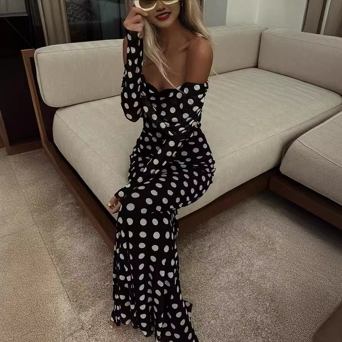 Spring Summer Gauze Polka Dot Stitching off Shoulder Sexy Slim Dress for Women