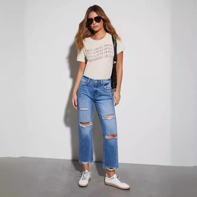 Summer Slimming Cotton High Waist Straight Cropped Jeans