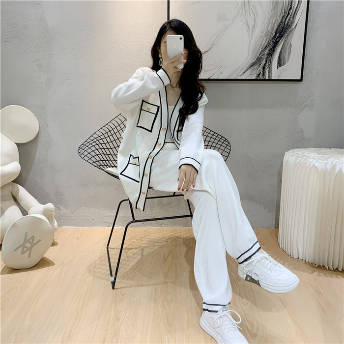 Classic Autumn Winter Knitting Cardigan Wide Leg Pants Suit Women Autumn Two Piece Suit