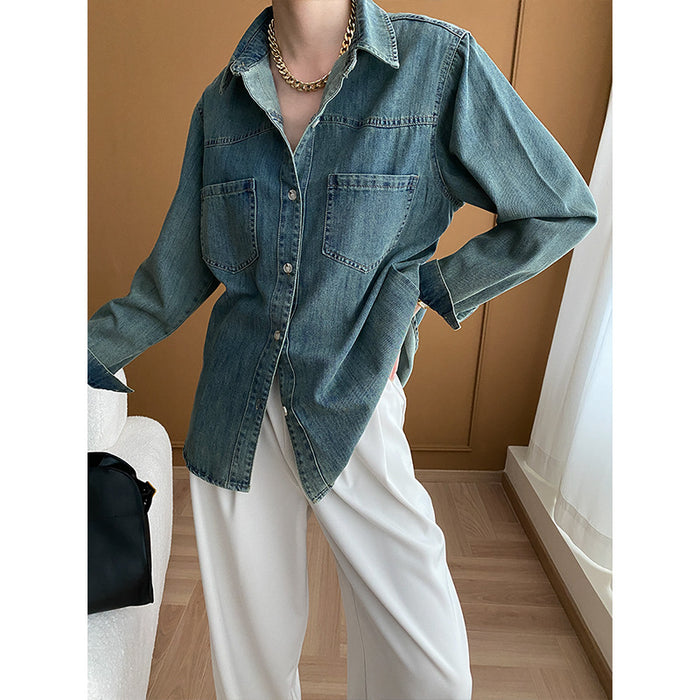 Fashionable Casual Tone Retro Washed Distressed Denim Shirt Early Spring