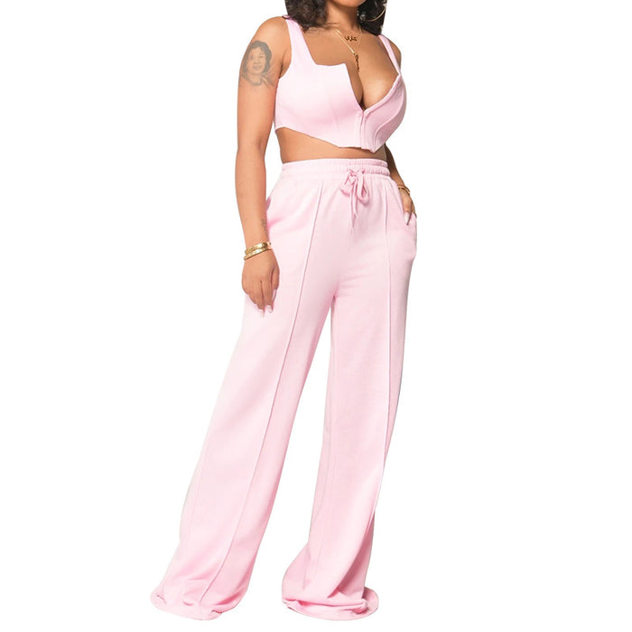 Women Clothing Solid Color Sexy Top Loose Mop Wide Leg Pants Two Piece Set