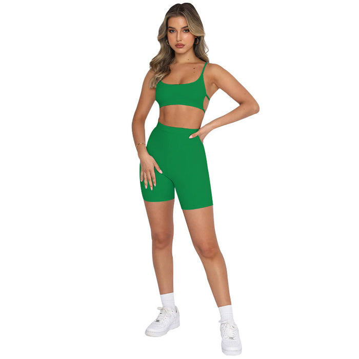 Summer Solid Color Sexy Sling Backless Top Women Clothing Sports Shorts Suit