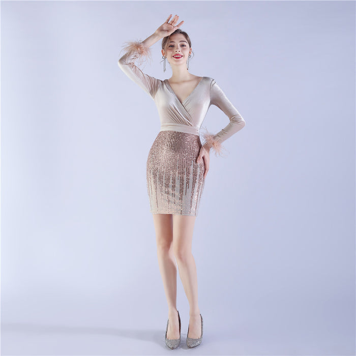 Ostrich Feather Sequin Velvet Stitching Hip Long Sleeve Short Nightclub Dress