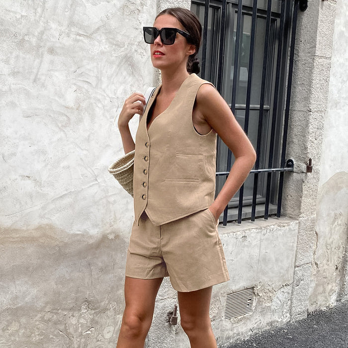 Summer Casual Office Vest Khaki V neck Sleeveless Shorts Set for Women