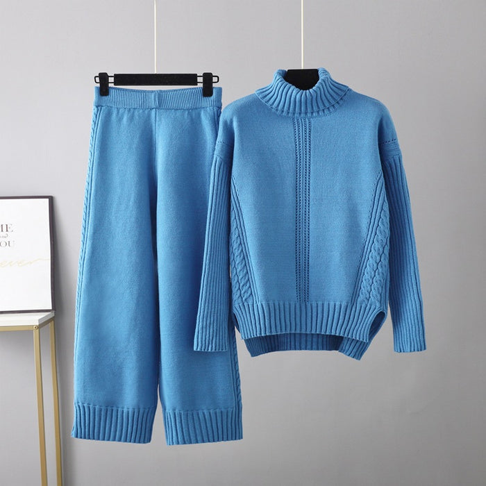 Turtleneck Pullover Thickened Knitting Sweater Casual Set Women Autumn Winter Loose Idle Wide Leg Pants Two Piece Set