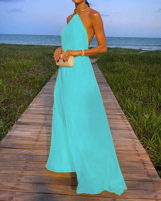 Summer Sexy Solid Color Halter Large Swing Backless Mop Maxi Dress