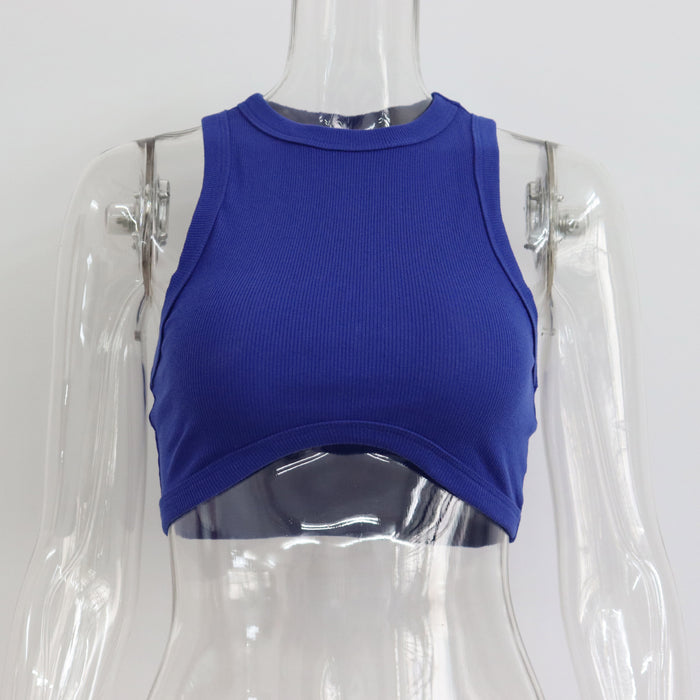 Round Neck Rib Sports Vest Spring Summer Sexy Cropped Slimming Waist I Shaped Short Top