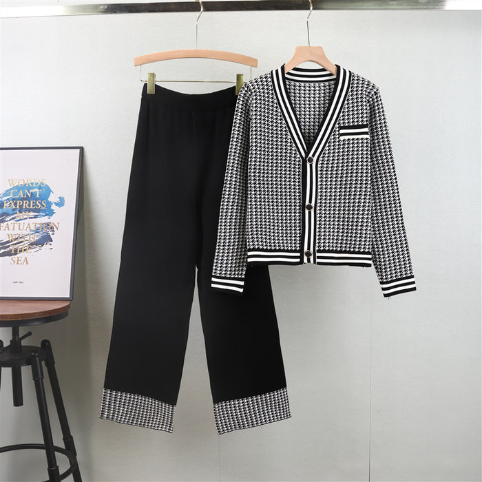 Spring Autumn Gentle Classic V neck Fashionable Knitted Wide Leg Pants Set Casual Women Clothing