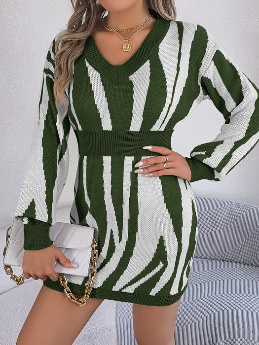 Autumn Winter Street V Collar Contrast Color Zebra Pattern Long Sleeve Narrow Woolen Dress Women Clothing