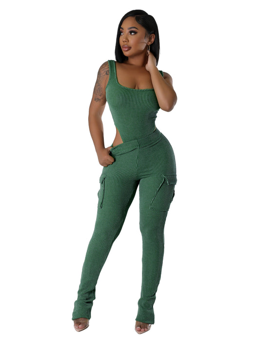 Casual Women Wear Autumn Winter Elastic Twist Strip High Waist Jumpsuit Overalls Trousers Set