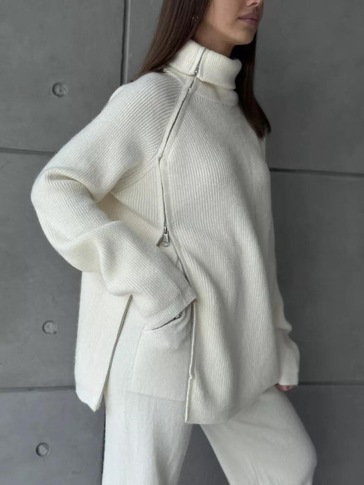 High Collar Zipper Knitted Sweater Women Suit Autumn Winter Knitted Western Wide Leg Two Piece Suit