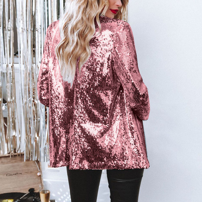 Casual Big Sequin Top Sequined Long Sleeve Office Collared Elegant Small Blazer