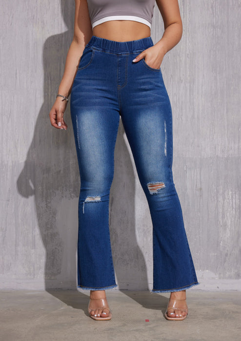 Ripped Slim Fit Wide Leg High Waist Elastic Waist Jeans for Women