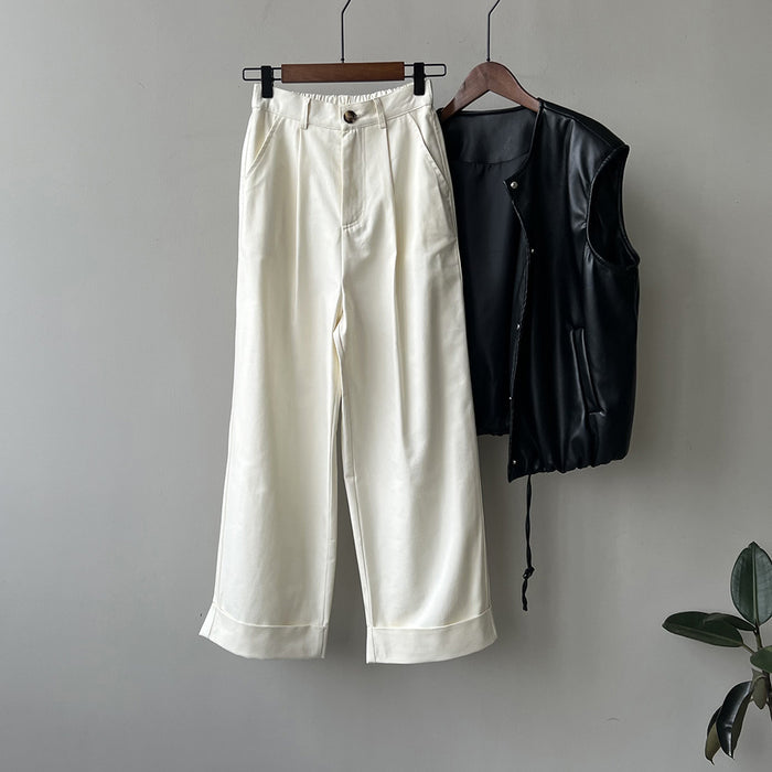 High Waist Wide Leg Casual Pants Women Autumn Tencel Cotton Loose Straight Leg Edged Pants