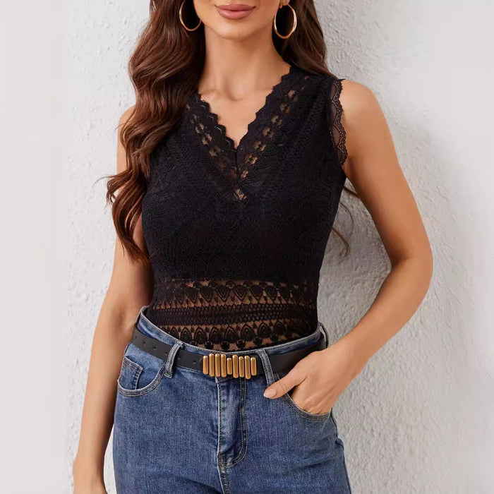 V neck Lace Stitching Lace Outer Wear Inner Wear Four Seasons Vest T shirt Women Tops