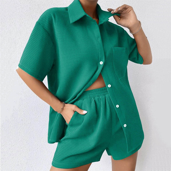 Summer Suit Women Women Loose Casual Short Sleeved Shirt Elastic Waist Shorts Two Piece Set Women