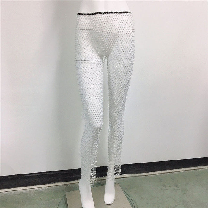 Women Clothing Sexy Fishnet Slit Pants Waist Slimming Fishnet Straight Leg Pants Mesh Rhinestone Fishnet Pants