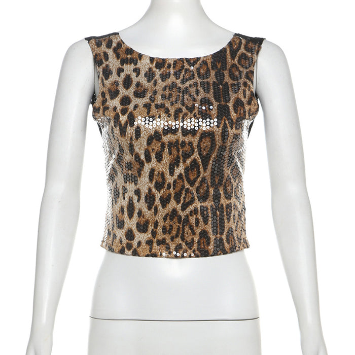 Women Clothing Autumn Sleeveless Top Lace Stitching Leopard Print Sequined Short Backless Underwaist