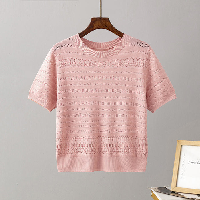 Spring Summer Korean Round Neck Pullover Hollow Out Cutout Design Breathable Air Conditioning Short Sleeve T shirt Knitwear Women