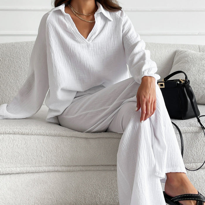 Pure Cotton Black Crepe V Neck Pajamas Loose Breathable Long Sleeve Suit Spring Home Wear Women