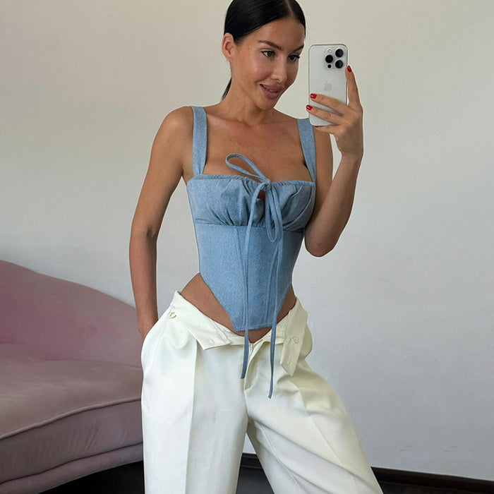 Street Sexy All Match Imitation Denim Spaghetti Strap Camisole Top Women