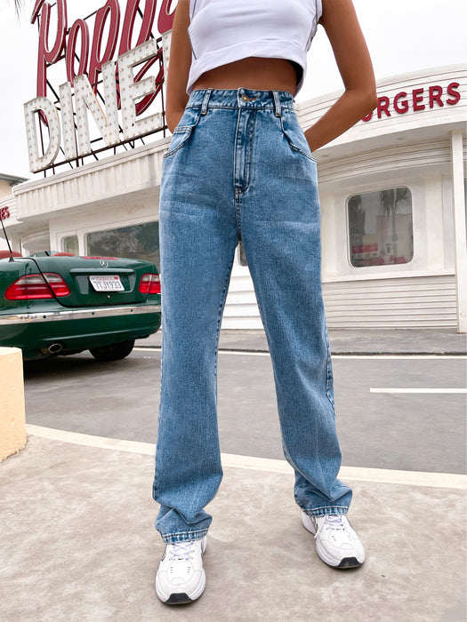 Women Clothing Mop High Waist Straight Leg Denim Trousers