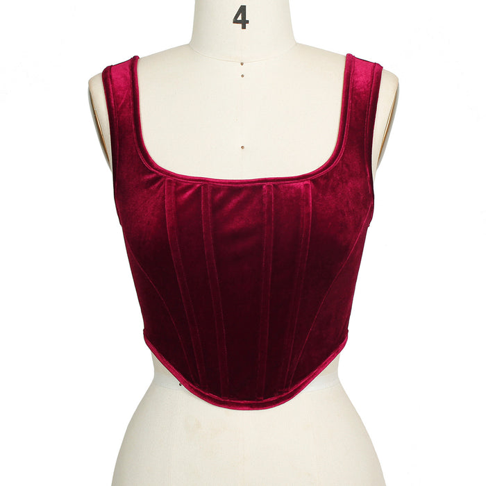 Women Clothing Square Collar Sexy Slim Boning Corset Velvet Vest Cropped Women T Top High Profile