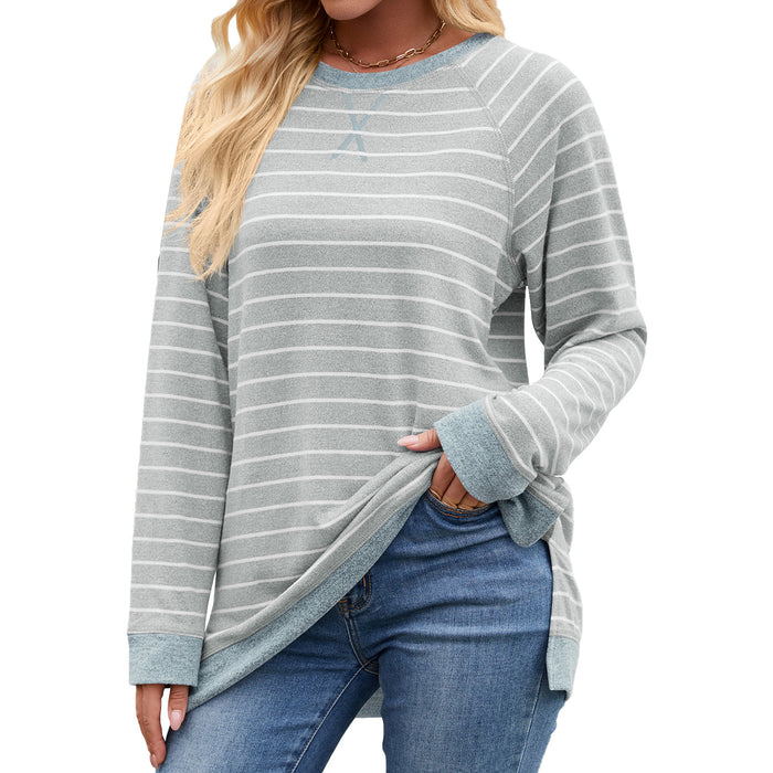 Autumn Winter Striped Contrast Color Round Neck Long Sleeve Loose Fitting Casual T Shirt Women