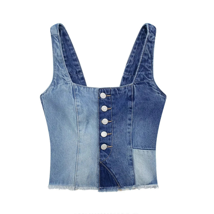 Spring Summer Women Clothing Patchwork Denim Top High Waist Straight Design Jeans