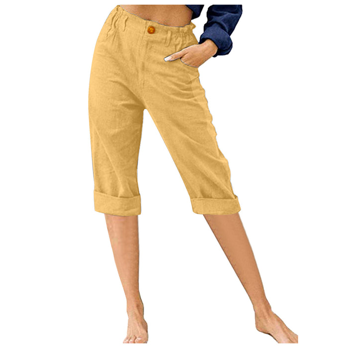 Women Clothing Cropped Pants Solid Color Cotton Linen Loose High Waist Casual