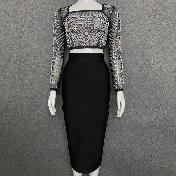 Autumn Winter Women Clothing Suit Sexy Beaded Top Bandage Sheath Stretch Skirt Twet