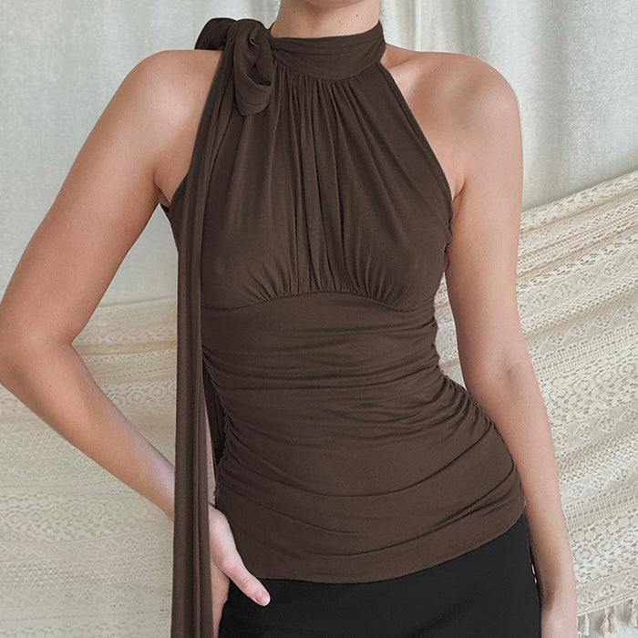 French Elegant Scarf Peplum Top Solid Color Pleated Sleeveless Vest Women Summer