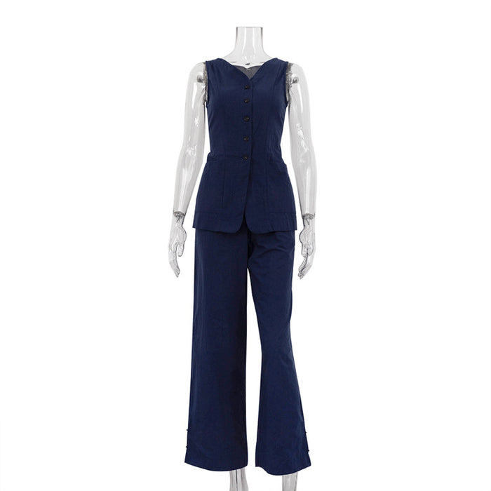 Navy Blue Sleeveless Vest Trousers Suit Summer Cinched Waist Waistcoat Slimming Two Piece Suit