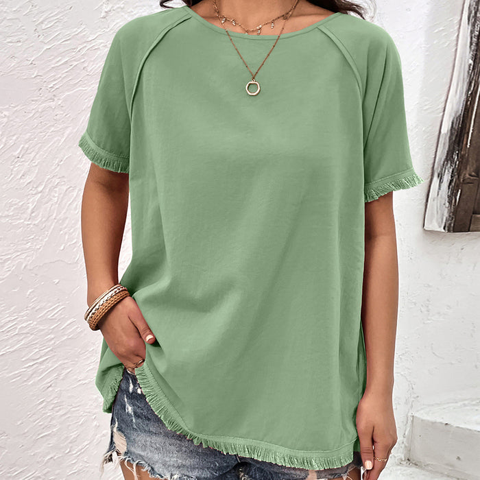 Summer Women Clothing Round Neck Tassel Stitching Loose Casual Top