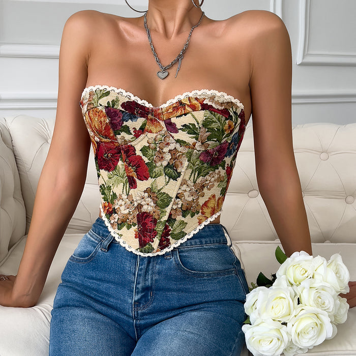 Street Retro Floral Print Corset Flounce Trim Lace Up French Minority Boning Corset Vest