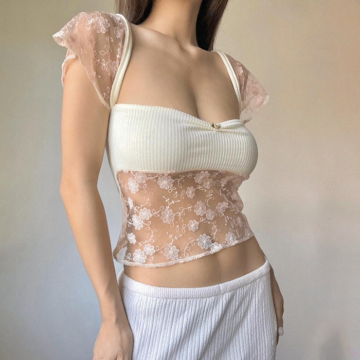 Women Clothing Summer Solid Color Tube Top Sexy Lace Slim Fit Patchwork Cropped Top