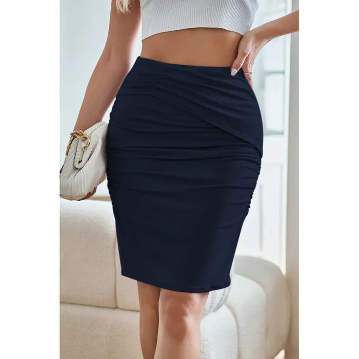 Women Clothing Solid Color Pleated Solid Color Knee Length Skirt