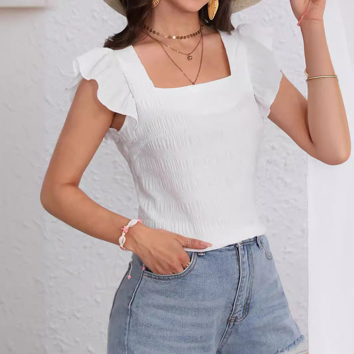 Women Clothing Summer All Matching Solid Color Square Collar Flying Sleeves Top for Women