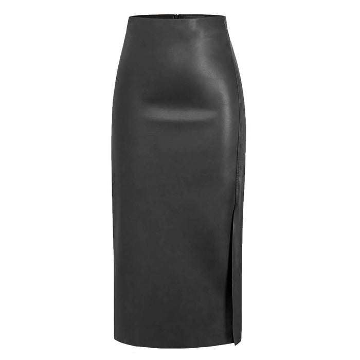 Autumn Winter Faux Leather Split Leather Skirt High Waist Zipper Skirt Slim Sheath Long Skirt Women