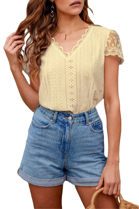 Spring Summer Lace Hollow Out Cutout out V-neck Casual Women T shirt