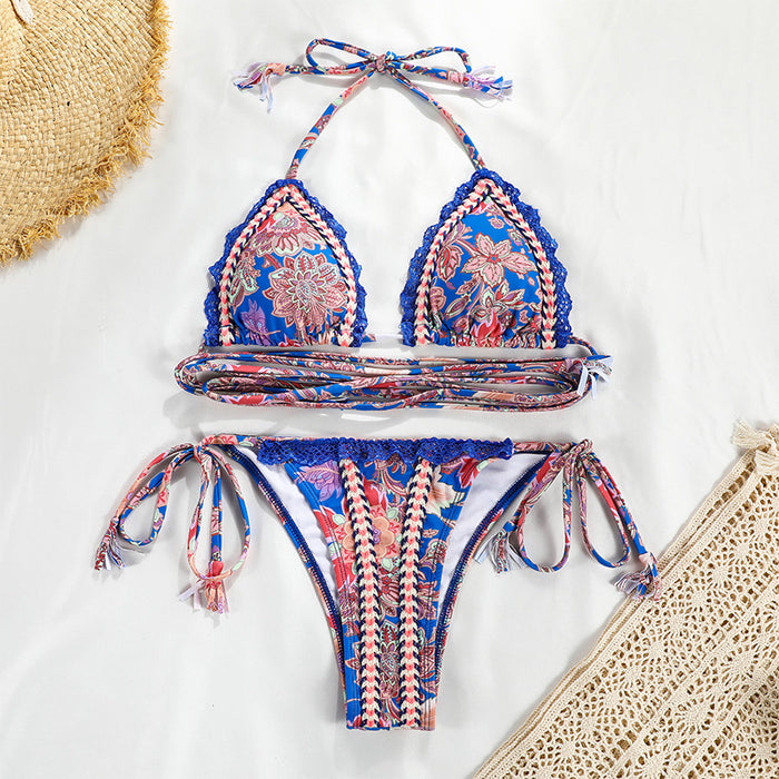 Split Swimsuit Women Sexy Ribbon Stitching Lace Bikini