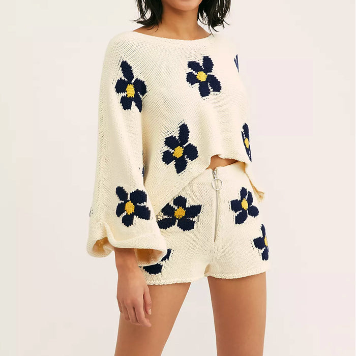 Women Clothing Floral Print Long Sleeved Woolen Shorts Home Wear Two Piece