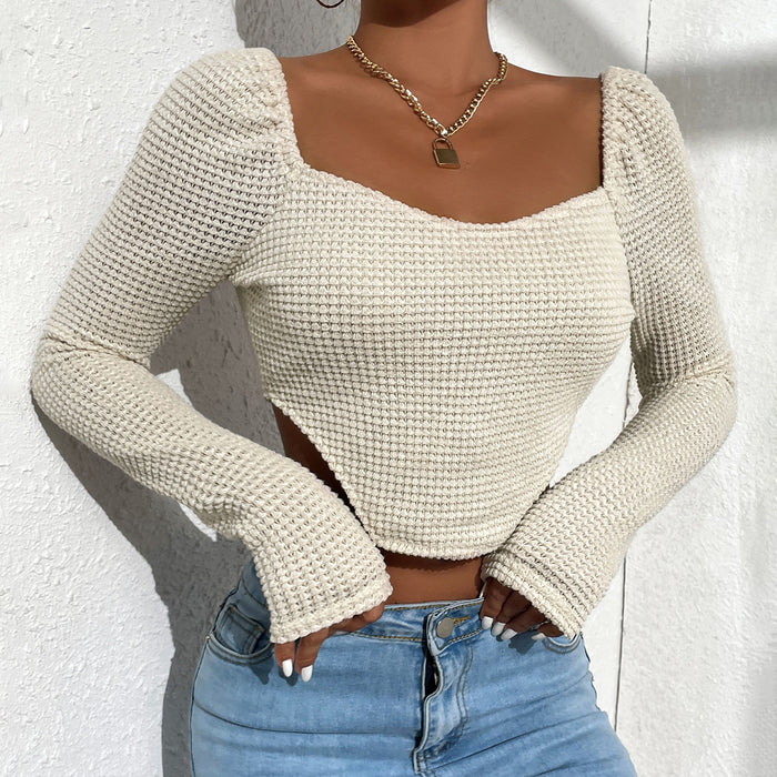 Spring Summer Top Women Hollow-out Tight Sexy Slit Knitwear Short Wide Collar Long Sleeve T- Sweater