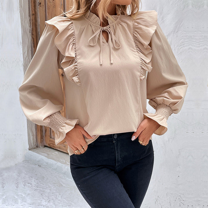 Women Clothing Spring Ruffled Long Sleeve Solid Color Shirt Women