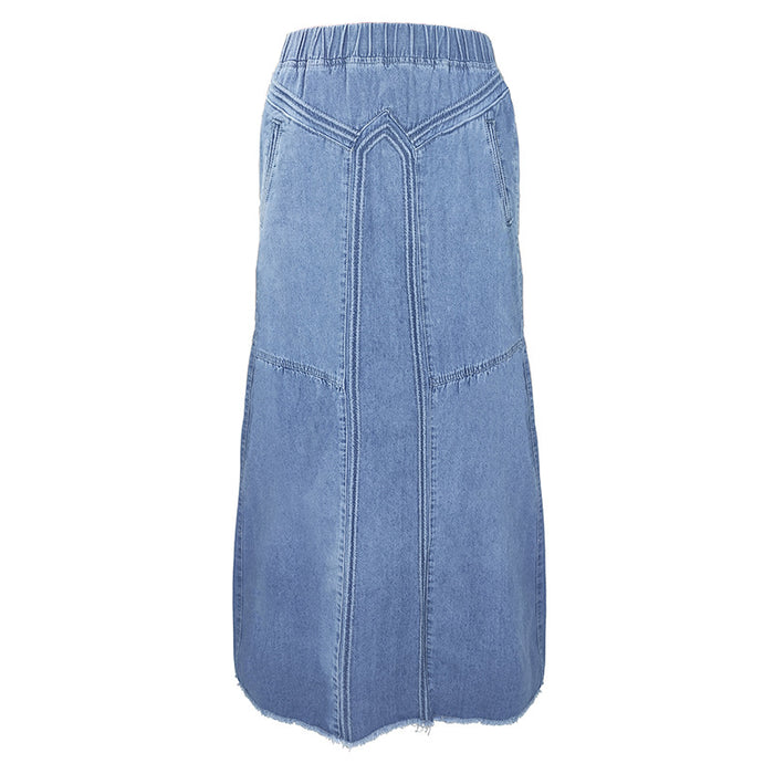 Women pring Summer Denim A Skirt Binding Tape Brushed Elastic High Waist Simple All Match Long Skirt