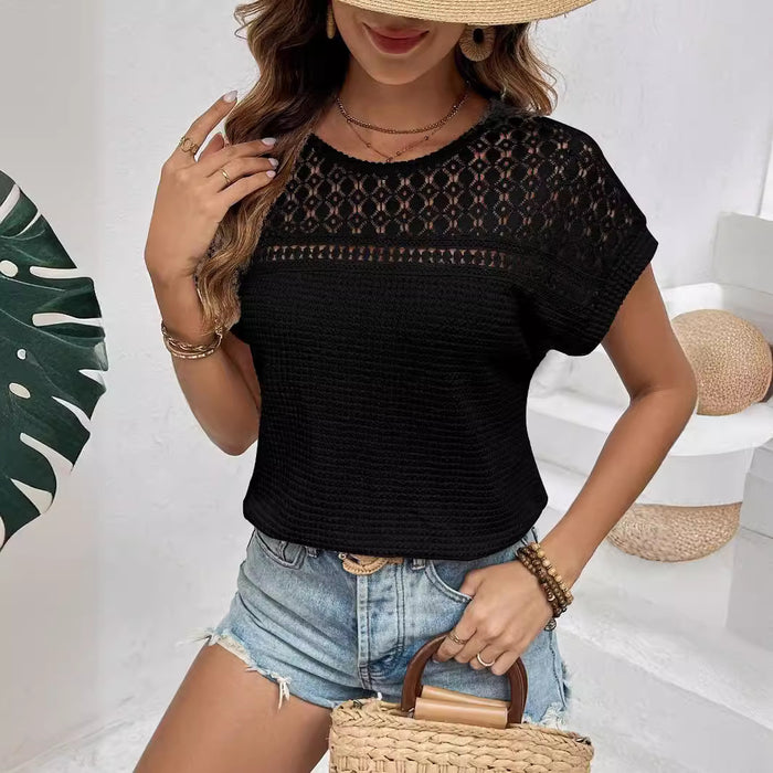 Women Clothing Summer Top Raglan Mesh Hollow Out Cutout Breathable All Match Short Sleeve T Shirt