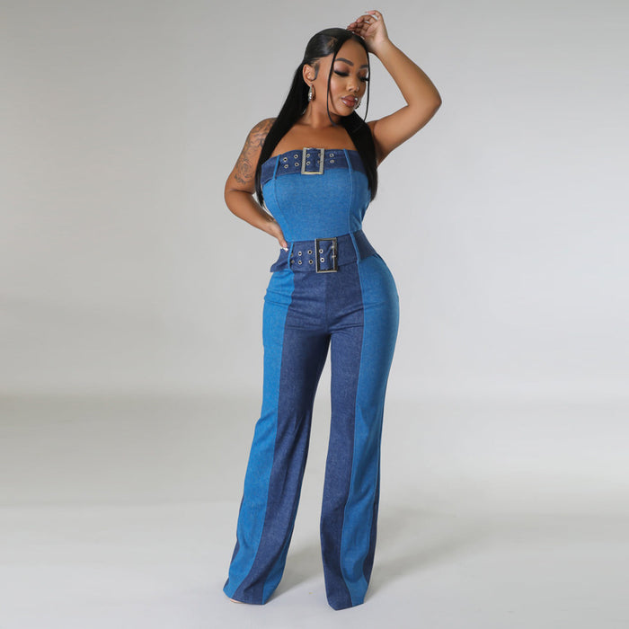 Women Clothing Patchwork Tube Top Lace Up Waist Controlled Imitation Denim Jumpsuit