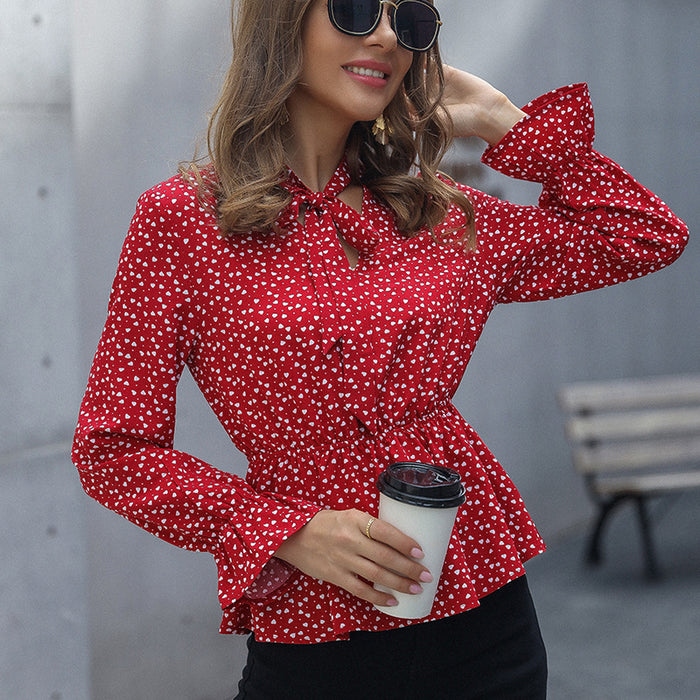 Spring Autumn Chiffon Lace Up Office Slim Fit Printed Pullover Red Chiffon Shirt