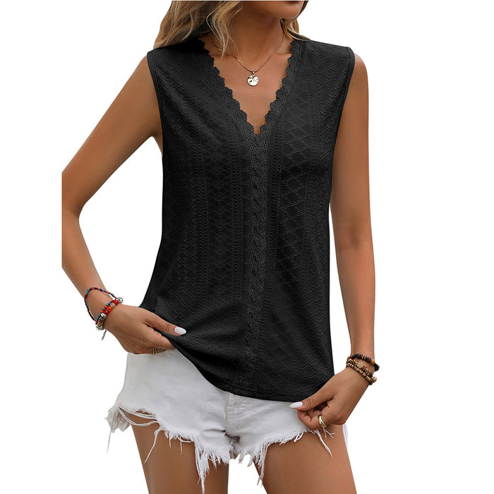 Summer Women Clothing Solid Color Hole Mesh V neck Sleeveless Vest